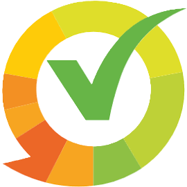 Een groen vinkje in het midden van een gesegmenteerde cirkelring met een kleurverloop van geel, oranje en groen, met een pijl die links onder tegen de klok in wijst.