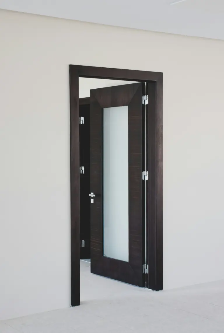 Een moderne donkerhouten deur met een groot verticaal matglazen paneel staat op een kier, geplaatst in een donker kozijn tegen een effen witte muur. Zilveren scharnieren en een deurkruk zijn zichtbaar, en op de achtergrond is een andere donkere deur te zien.