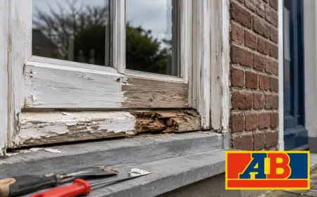 Repareren of vervangen van houten raamkozijnen: een verouderd houten kozijn aan een Nederlandse bakstenen woning met afbladderende verf, lichte houtrot en vochtschade.