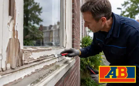 A Dutch video about home maintenance shows a weathered wooden window frame with peeling paint, while a professional inspects the damage.