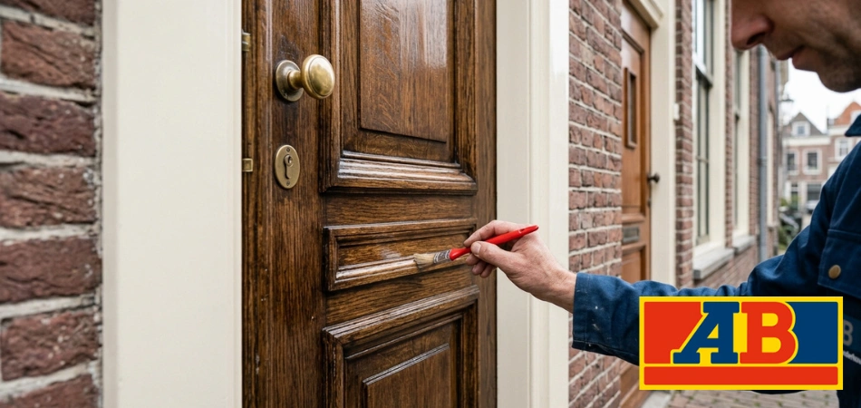 Een schilder behandelt een houten deur met lak aan de buitenkant van een bakstenen gebouw.