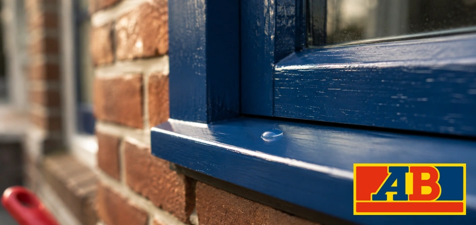 Een detailopname van een blauw geschilderde houten vensterbank met een waterparel op het oppervlak naast een bakstenen muur.