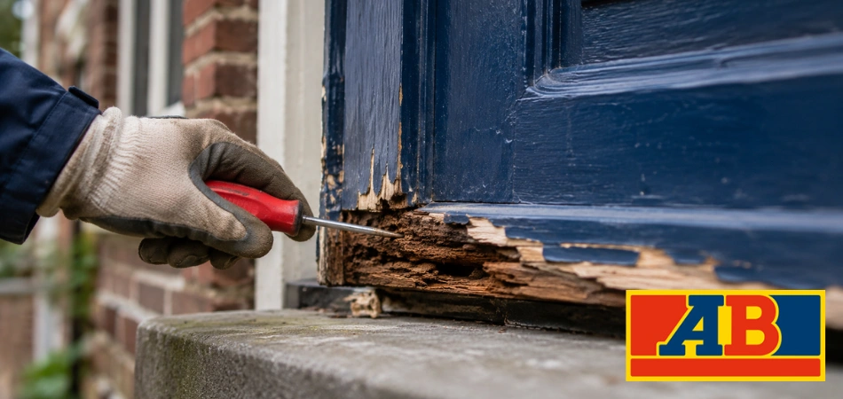 Een werknemer die rot hout op een blauw deurkozijn test met een schroevendraaier.