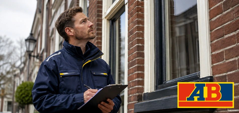 Een werknemer in een blauw uniform die een raamkozijn op een bakstenen huis inspecteert terwijl hij een klembord vasthoudt.