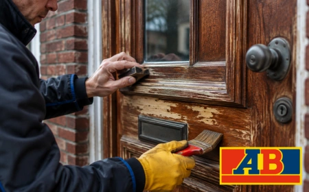 A worker sanding and preparing to paint a peeling wooden door on a brick house.