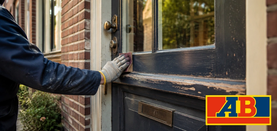 Iemand die de afbladderende verf van een zwarte houten deur aan de buitenkant van een bakstenen huis schuurt.