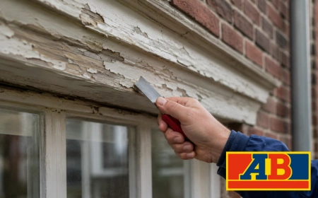 A hand scraping flaking white paint off a wooden window sill next to a brick wall, featuring an AB logo overlay.
