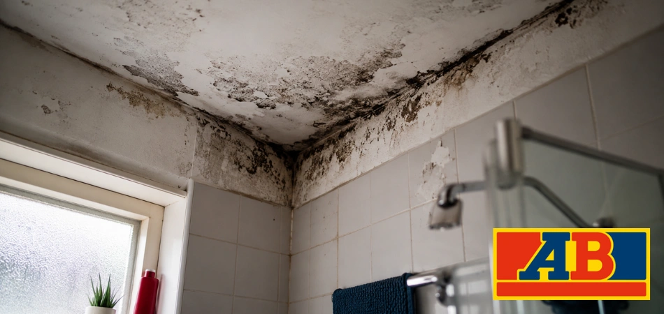 Een badkamerplafond en bovenmuren bedekt met zware zwarte schimmel en afbladderende verf naast een betegeld douchegebied.