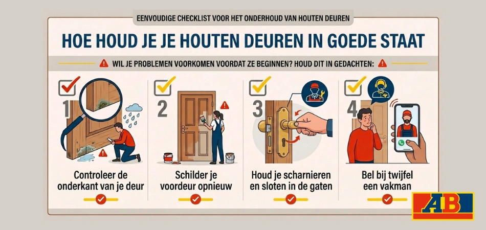Een visuele gids in vier stappen over het onderhoud van houten deuren, waaronder inspectie op rot, schilderen, hardwarecontroles en het inschakelen van een professional.